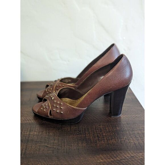 Franco Sarto Women's Brown Leather Metal Studded Peep Toe Heels - Size 10 - Picture 2 of 9